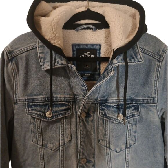 - Hollister Sherpa lined hooded faded denim  jacket unisex size S - Picture 3 of 8